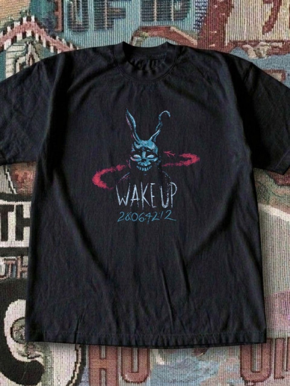 Gildan Black Short Sleeve Tee with Blue & Red Wake Up Graphic